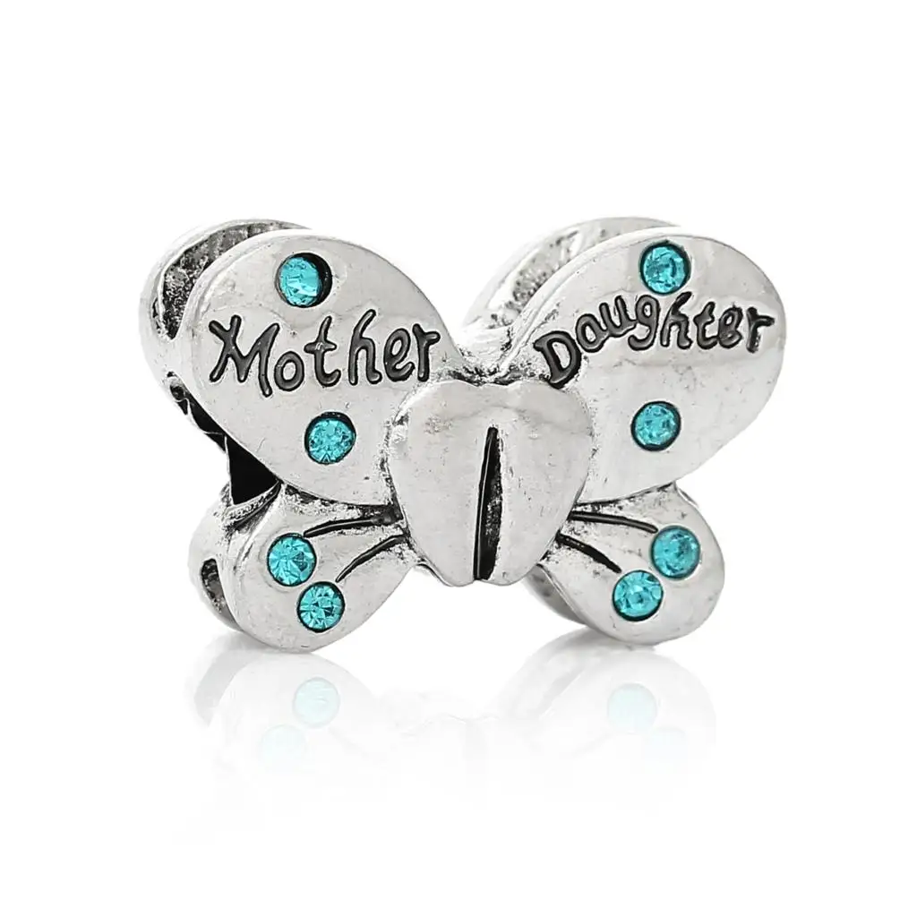 DoreenBeads европейские шарики с бабочкой серебристые синие буквами Мама и дочка