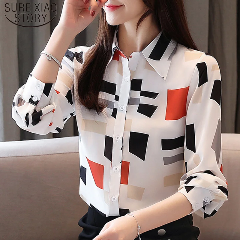 

Casual Fashion Print Long Sleeve Womens Shirts Chiffon Blouse Full Notched Women Tops and Blouses Button Ladies Tops 5498 50