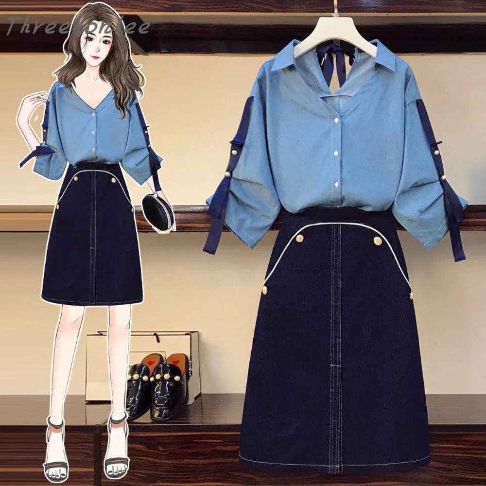 Plus size 2021 Simmer Casual Two Piece Sets Woman Solid Three Quarter Sleeve V-neck Ribbons Shirt And A-line Denim Skirt Suit
Plus size 2021 Simmer Casual Two Piece Sets Woman Solid Three Quarter Sleeve V-neck Ribbons Shirt And A-line Denim Skirt Suit