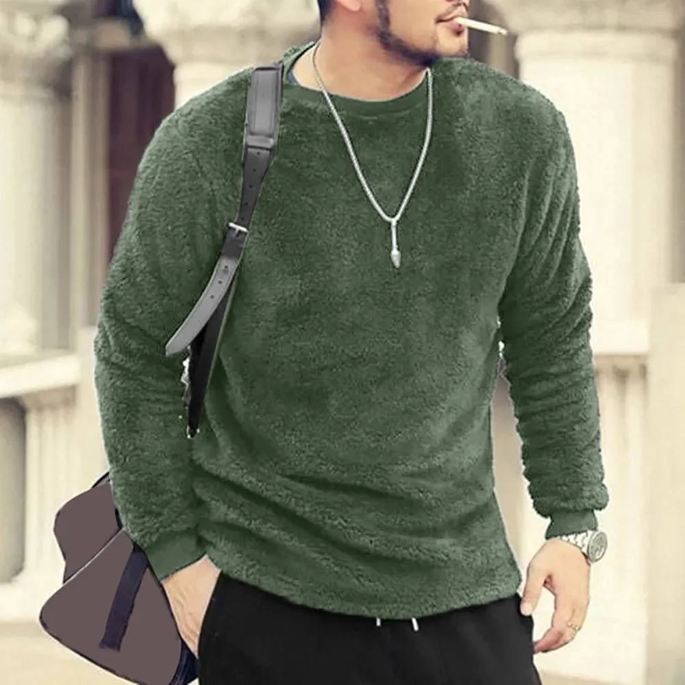 Men Autumn Winter Casual T-shirt Long Sleeve O-Neck Loose Double-Sided Plush Tops 2020 Polyester T Shirt Male Clothing Hot Sale | Мужская