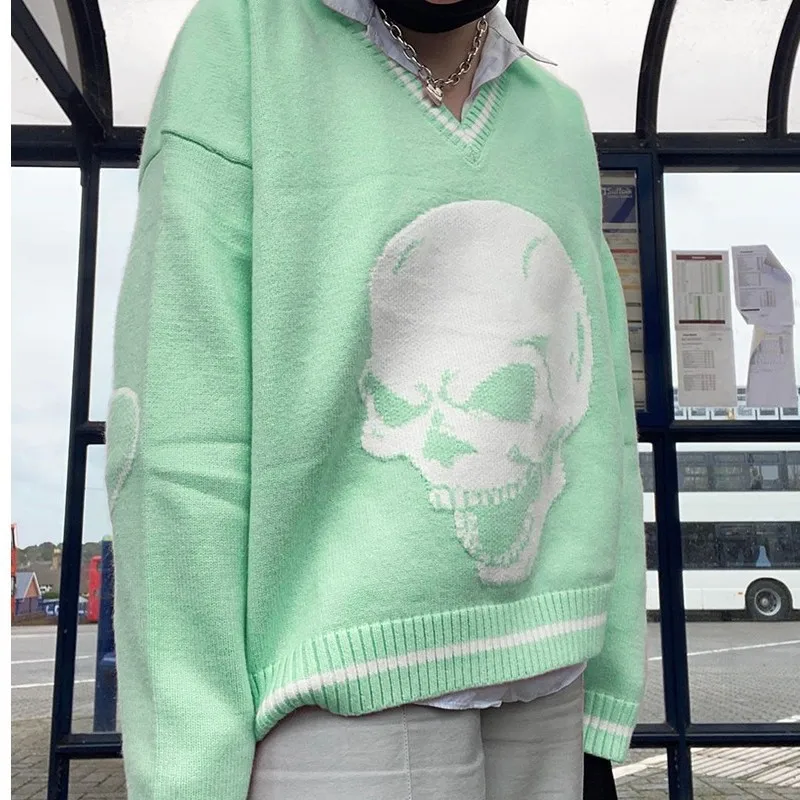 Skull Pullover Sweater Women Casual V Neck Long Sleeve Loose Knitted Tops Female Streetwear Jumper Autumn Winter Retro Tops Blue
Skull Pullover Sweater Women Casual V Neck Long Sleeve Loose Knitted Tops Female Streetwear Jumper Autumn Winter Retro Tops Blue