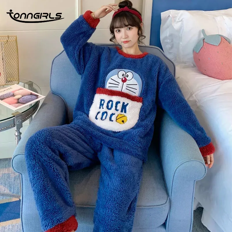 

Tonngirls Winter Warm Flannel Women Pyjamas Sets Doraemon Thick Coral Velvet Long Sleeve Cartoon Sleepwear Flannel Pajamas Set