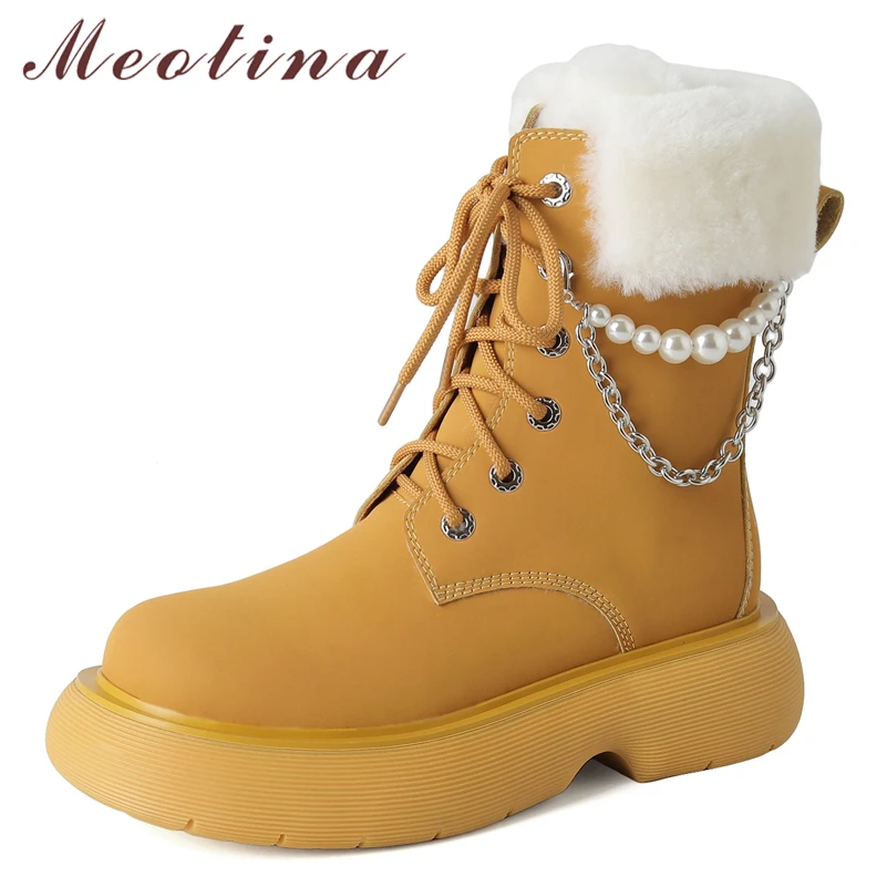 Meotina Women Genuine Leather Snow Boots Thick Med Heel Ladies Boots Chain Lace Up String Bead Ankle Boots Autumn Winter Yellow
Meotina Women Genuine Leather Snow Boots Thick Med Heel Ladies Boots Chain Lace Up String Bead Ankle Boots Autumn Winter Yellow