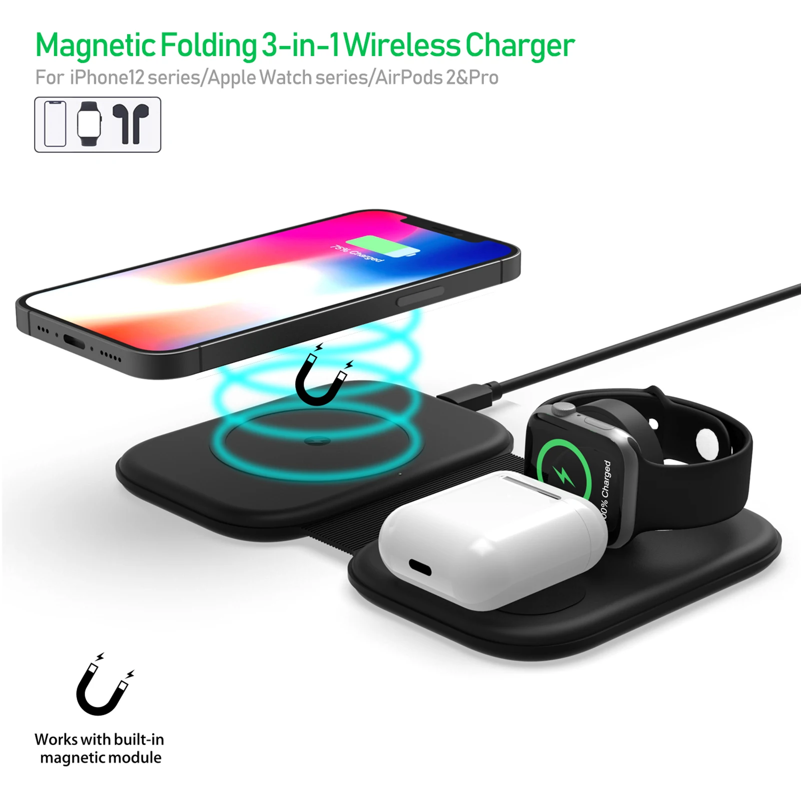 

Магнитное Беспроводное зарядное устройство 3 в 1 QI 15 Вт, быстрая зарядная станция для IPhone 12 Pro Max, зарядные устройства для Apple Watch Airpods