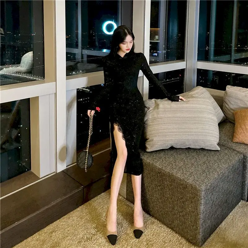 

Dress Dark Style Improved Cheongsam Mid-length Buckle Stitching Slit Black Lace Slim Fit Hip Skirt Sexy Simple Chinese Style