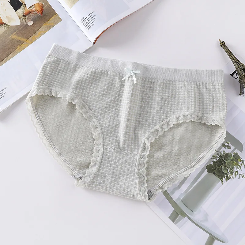 

Women's panties plaid lace border cotton seamless briefs mid-waist comfortable breathable antibacterial bow Women's underwear