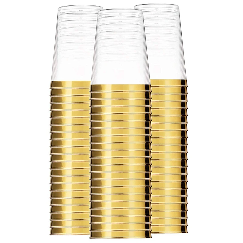

100х Золотые пластиковые чашки, 10 унций, прозрачные пластиковые чашки, стаканчики, чашки с золотой оправой, Необычные одноразовые Свадебные ч...