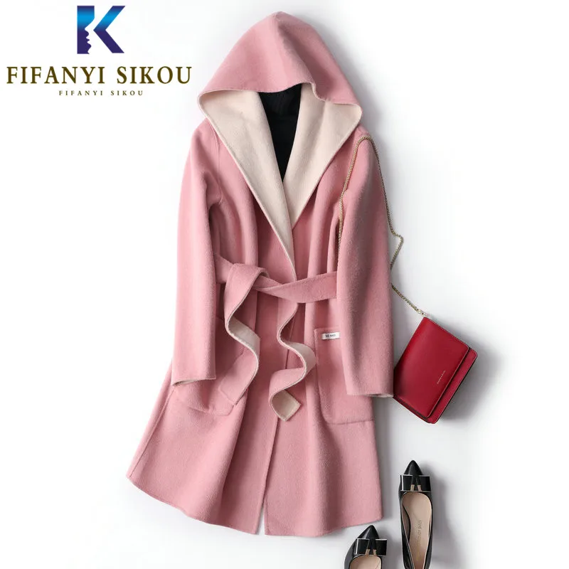 Двухстороннее кашемировое Женское шерстяное пальто с капюшоном модное длинное