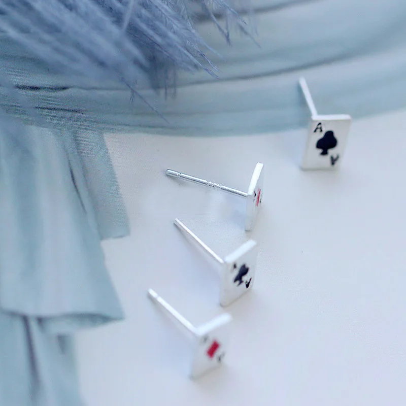 Personalized Mini Playing Cards Stud Earrings Women Personality Silver 925 Poker Earring Fashion Jewelry Heart A Ear Nails | Украшения и