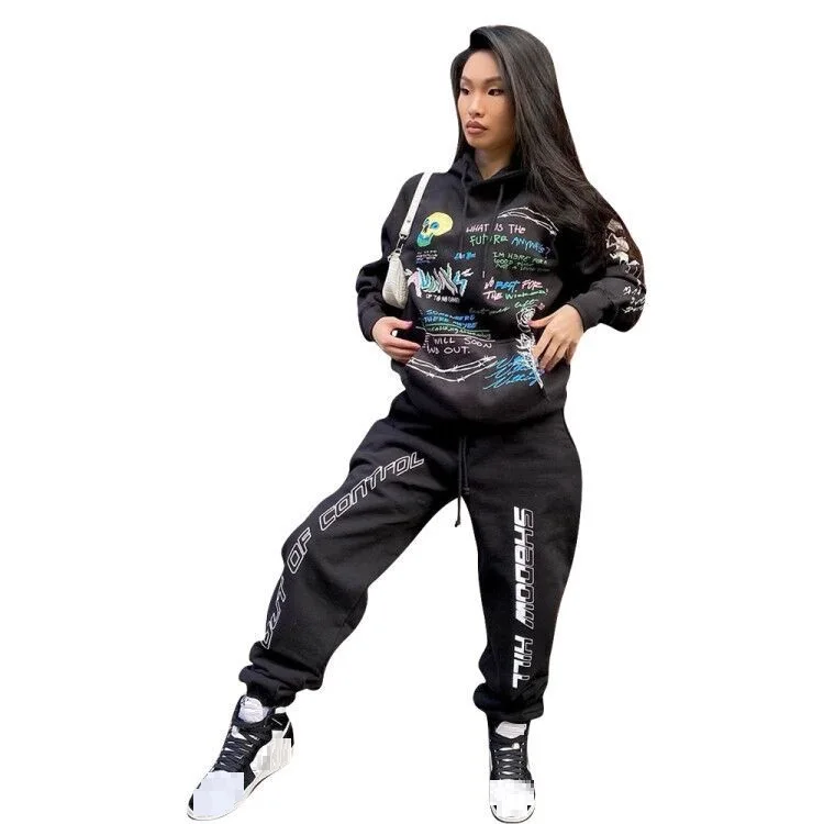 Streetwear graffiti printed sweat suits women matching sets Black Long sleeve hoodie+full pants two piece set women tracksuit
Streetwear graffiti printed sweat suits women matching sets Black Long sleeve hoodie+full pants two piece set women tracksuit