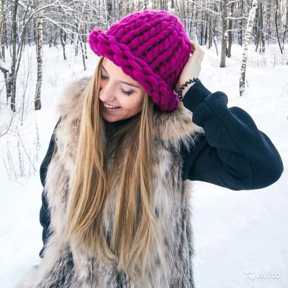 

Women Winter Warm Beanies Hat Handmade Thick Knitted Coarse Lines Cable Hat Candy Color Crochet Caps Female Beanie Hats