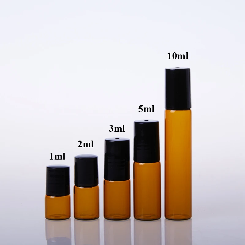 

100pcs/lot 1ml 2ml 3ml 5ml 10ml Amber Glass Roll on Bottles Sample Test Doterra Essential Oil Containers Vials with Roller Ball