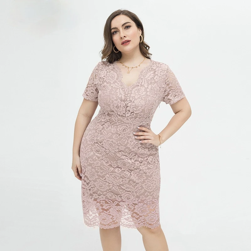 Plus Size Women Dress Lace Hollow Out Party Dress Solid Hip Dress Short Sleeve Office Lady Dress 2021 New Elegant Fashion
Plus Size Women Dress Lace Hollow Out Party Dress Solid Hip Dress Short Sleeve Office Lady Dress 2021 New Elegant Fashion