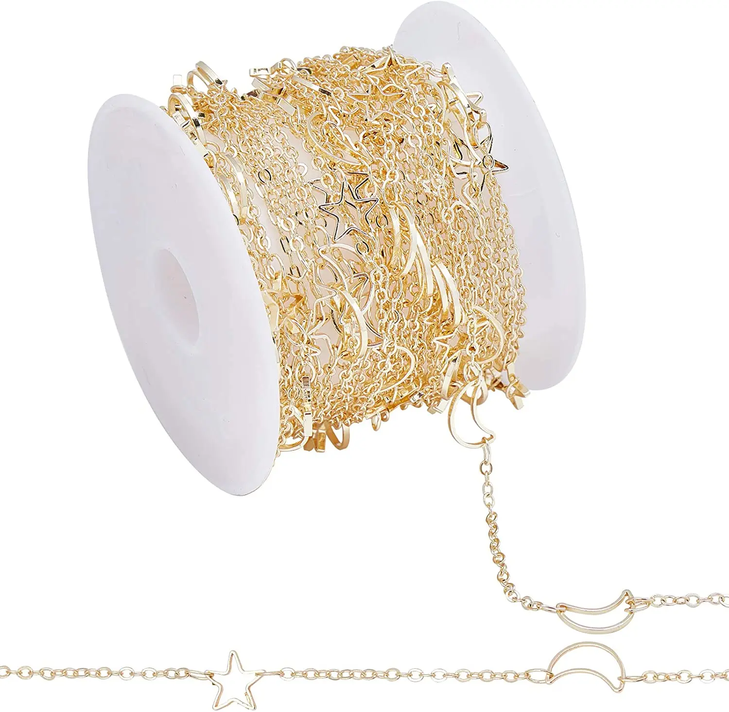 1 Roll 16.4 Feet (5.47 Yards) Star and Moon Brass Link Chains Real 18K Gold Plated Golden Cable Chains with Spool
1 Roll 16.4 Feet (5.47 Yards) Star and Moon Brass Link Chains Real 18K Gold Plated Golden Cable Chains with Spool