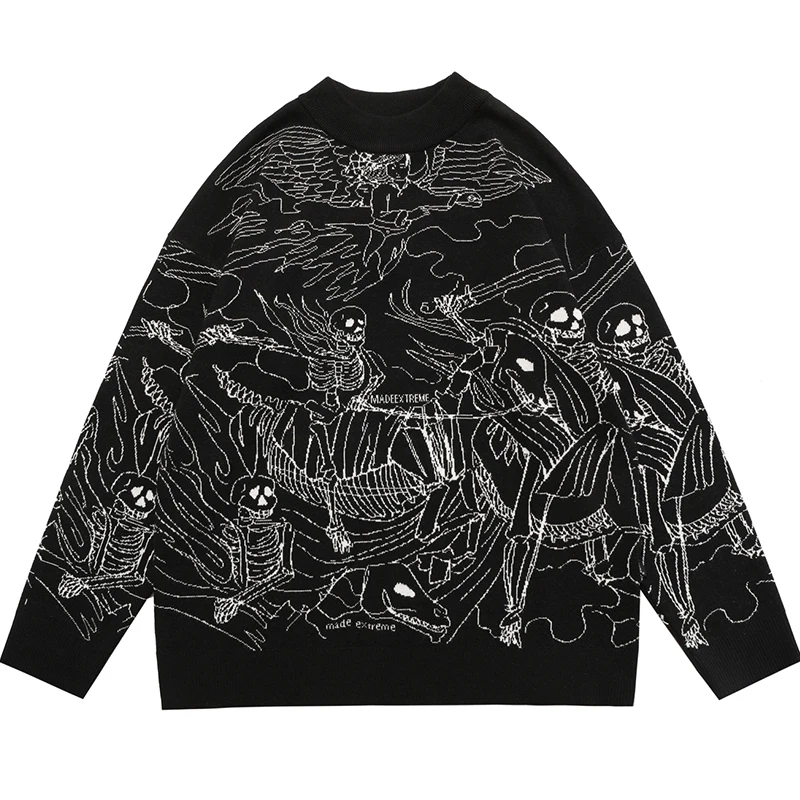 Men Vintage Knitted Sweater Cotton Ukiyo-e Style Skull Graffiti Pullover Women High Street Baggy O-Neck Top Autumn Streetwear
Men Vintage Knitted Sweater Cotton Ukiyo-e Style Skull Graffiti Pullover Women High Street Baggy O-Neck Top Autumn Streetwear