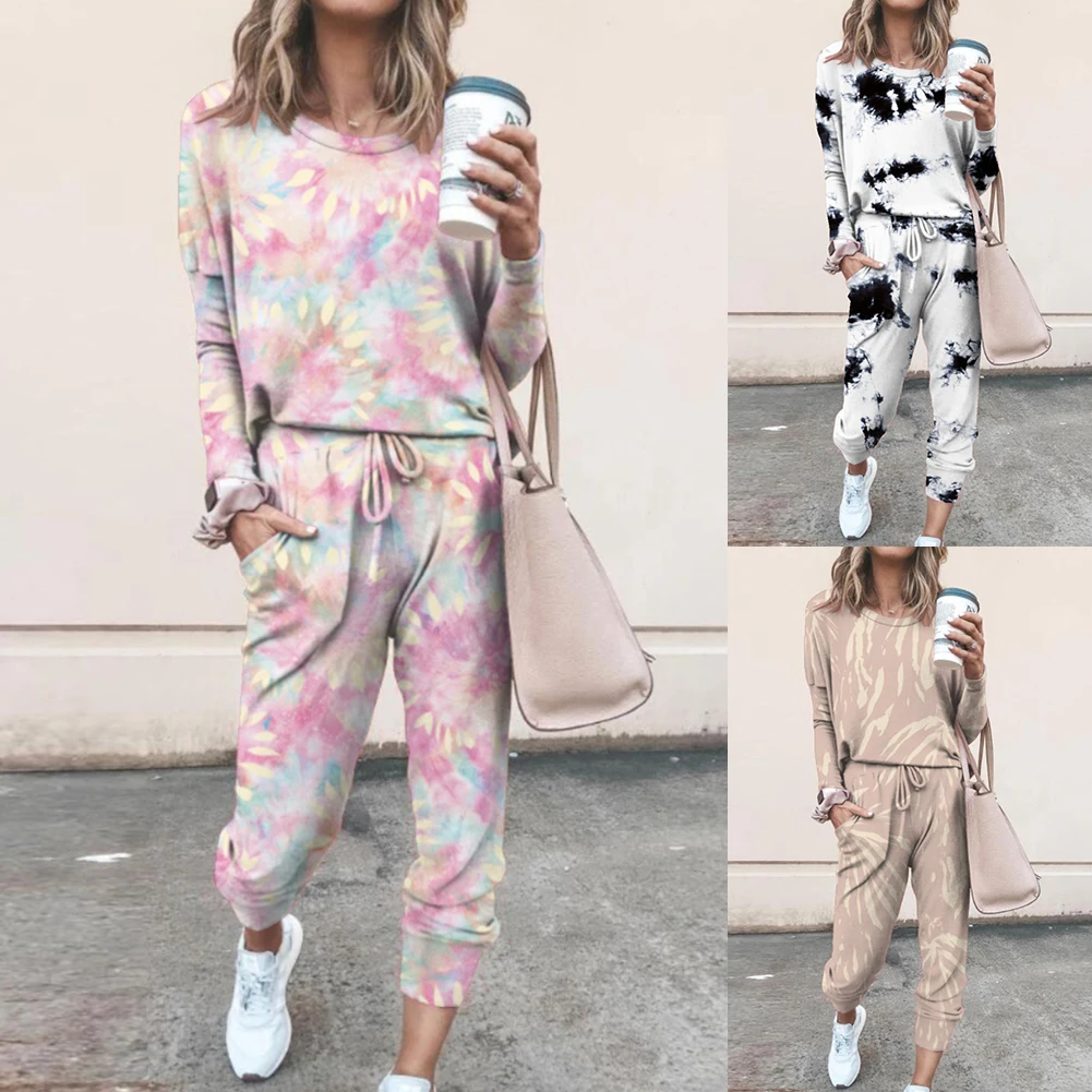 

2Pcs Loungewear Women Pajama Set Tie Dye Jogger Suit Long Sleeve Round Neck Pants Sleepwear Loungewear Pyjamas Women HomeWear