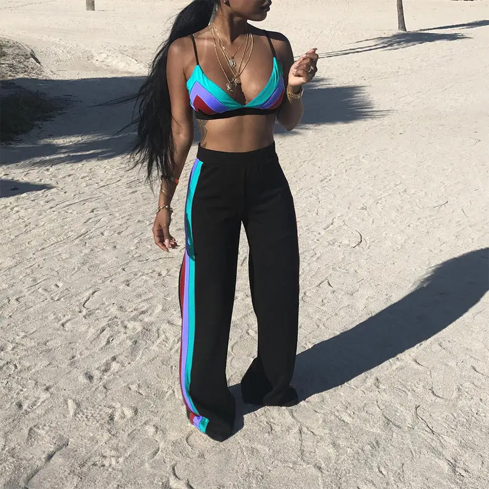 2020 women summer colorful striped print two piece set spaghetti strap crop top straight pants suit sports tracksuit outfit 
2020 women summer colorful striped print two piece set spaghetti strap crop top straight pants suit sports tracksuit outfit