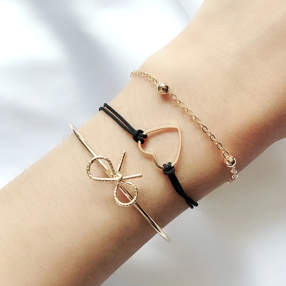3pcs/lot Hollow Love Bow Charms Bracelets Stacked Gold Bracelet for Women Fashion Black Tether Jewelry Wholesale Drop Shipping
3pcs/lot Hollow Love Bow Charms Bracelets Stacked Gold Bracelet for Women Fashion Black Tether Jewelry Wholesale Drop Shipping