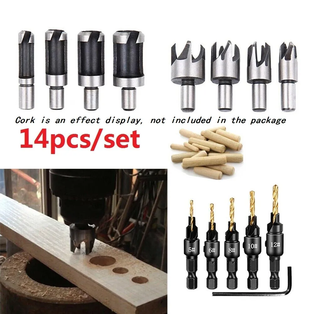 

14pcs Pack Countersink Drill Bit 1.98mm To 3.65mm Wood Chamfered Plug Cutter 10mm To 22mm Spanner Woodworking Screw Holes Set