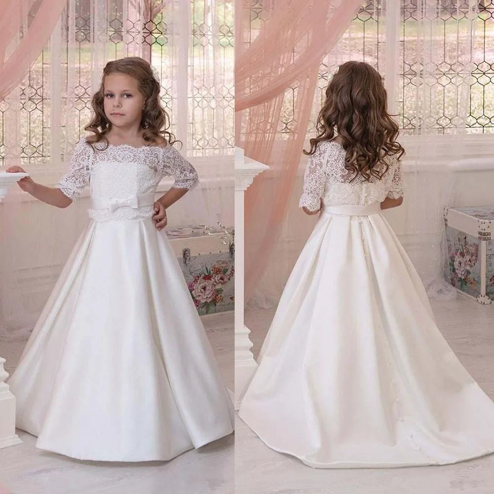 Elegant Flower Girl Dress For Wedding with Half Sleeves Lace Strapless A Line Ivory Satin Children Dresses Bow Sash
Elegant Flower Girl Dress For Wedding with Half Sleeves Lace Strapless A Line Ivory Satin Children Dresses Bow Sash
