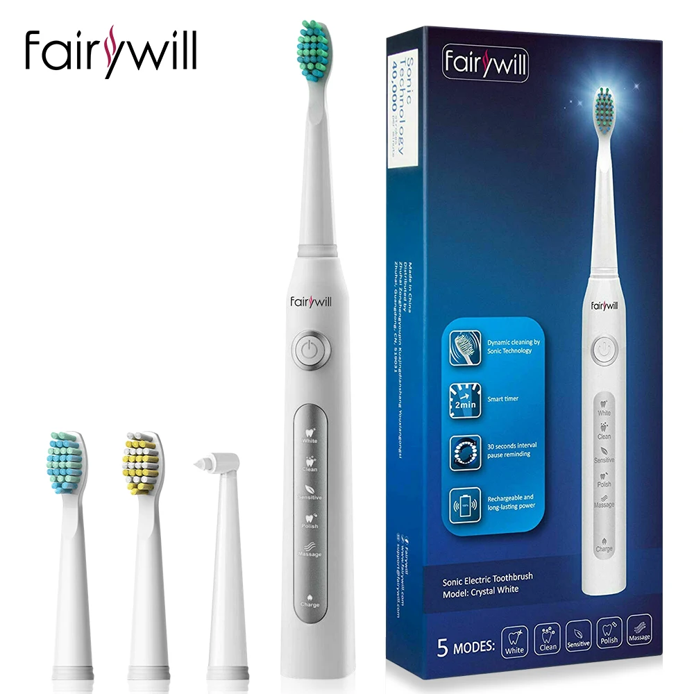 

Fairywill FW-507 Ultrasonic Automatic Electric Toothbrush Rechargeable with Timer 5 Modes USB Fast Charging 3 Brush Heads Gift