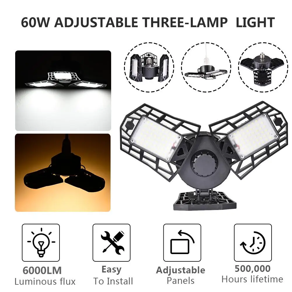 

60W LED Deformable Garage Light E27 Industrial Light Workshop Factory Warehouse Ceiling Light Waterproof Mining Lamp 85-265v