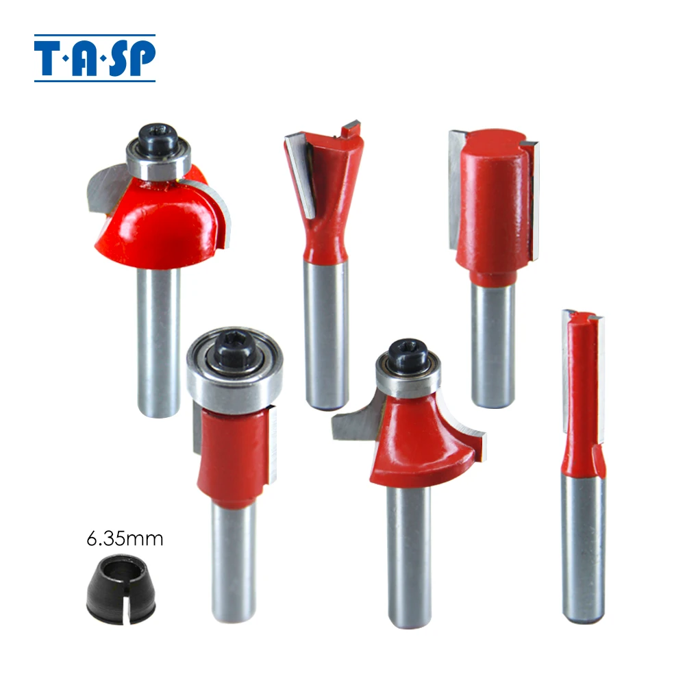 TASP 6pcs Wood Milling Cutters 6.35mm Shank Tungsten Carbide Router Bits & Collet kit for Woodworking Tools Accessories
TASP 6pcs Wood Milling Cutters 6.35mm Shank Tungsten Carbide Router Bits & Collet kit for Woodworking Tools Accessories
