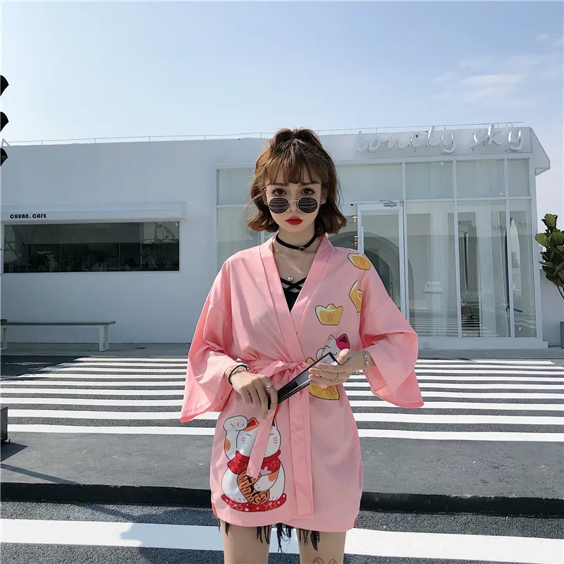 Женский кардиган в стиле Харадзюку розово-черный Свободный японское кимоно