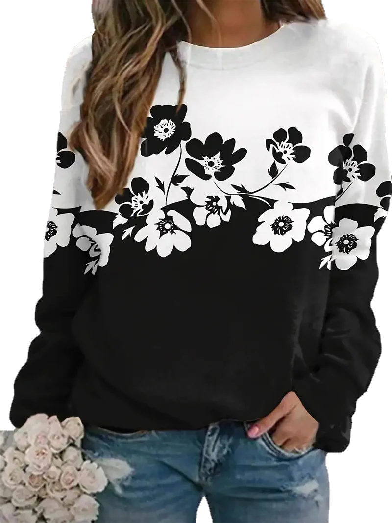 Женская футболка с круглым вырезом длинным рукавом и цветочным принтом | одежда