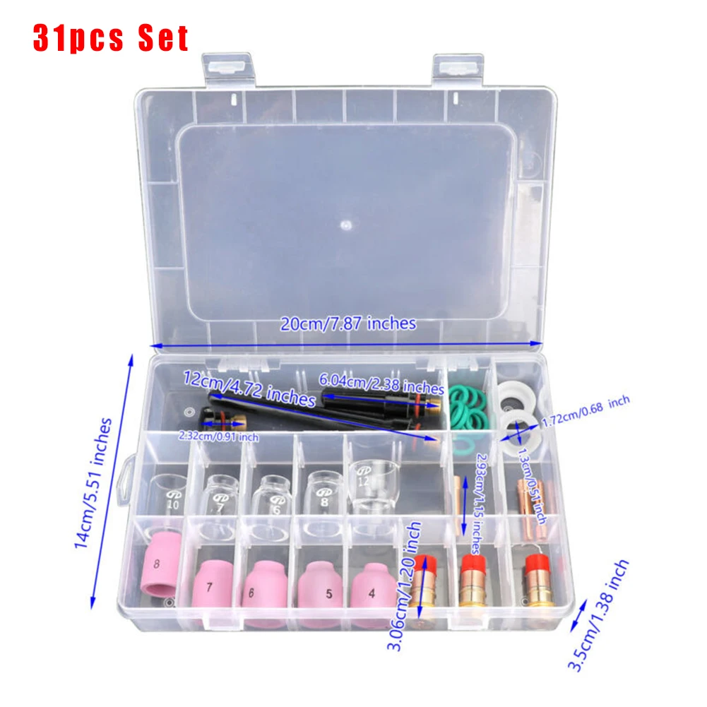 31pcs TIG Welding Torch Stubby Gas Lens #12 Heat Glass Cup Kit For All TIG Torches WP-26 Also Suitable For WP-17 WP-18 Equipment
31pcs TIG Welding Torch Stubby Gas Lens #12 Heat Glass Cup Kit For All TIG Torches WP-26 Also Suitable For WP-17 WP-18 Equipment