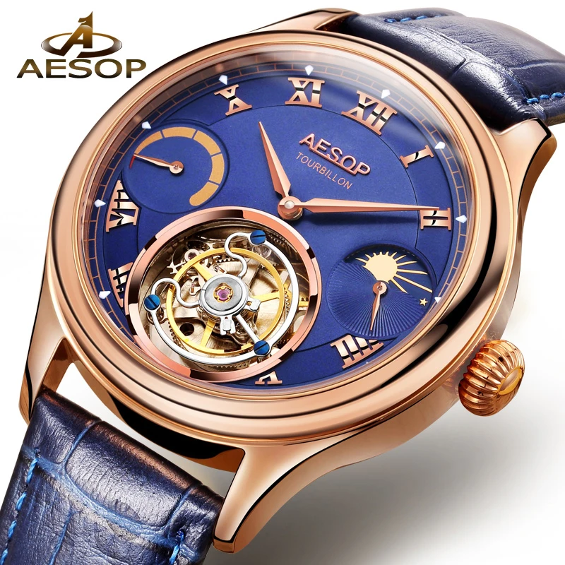 

AESOP Luxury Blue Real Tourbillon Mechanical Watch Men Automatic Watch Sapphire Glass Waterproof Leather Band Reloj hombre