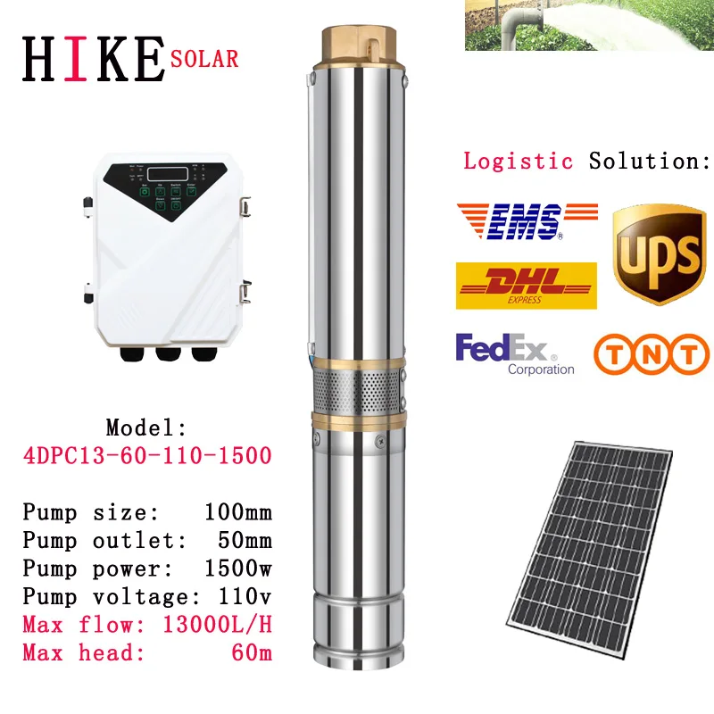 

Hike solar equipment 4" Solar Water Pump 110V 1500W 2HP High Pressure Stainless Steel with MPPT Controller 4DPC13-60-110-1500