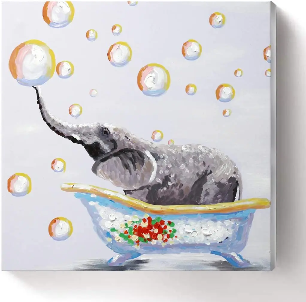 

Elephant Wall Art for Kids Room Bathroom Hand-Painted Cute Small Animal Oil Painting Colorful Funny Canvas Artwork No Framed