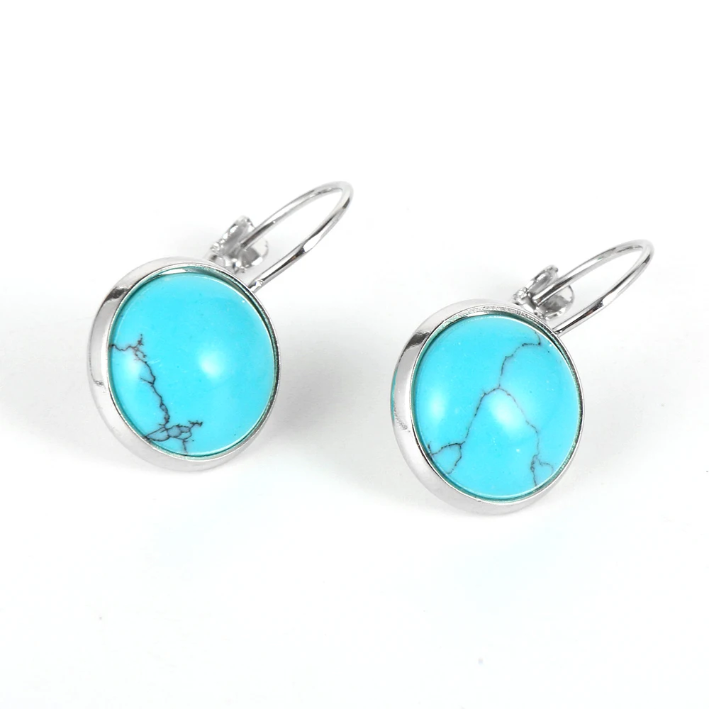 

Women Natural Stone Round Gemstone Turquoise Leverback Dangle Earrings Tiger Eye Onyx Labradorite Pierced Earring Hook Jewelry