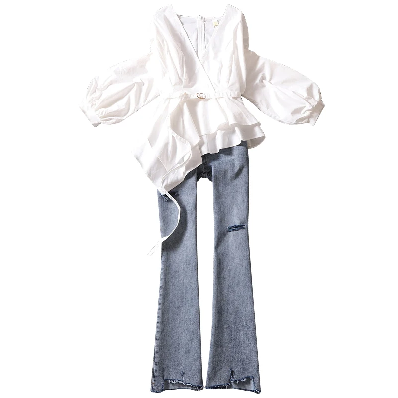 2020 summer new jean suits for women irregular lantern sleeved white blouse and flare jeans lady elegant jeans sets
2020 summer new jean suits for women irregular lantern sleeved white blouse and flare jeans lady elegant jeans sets
