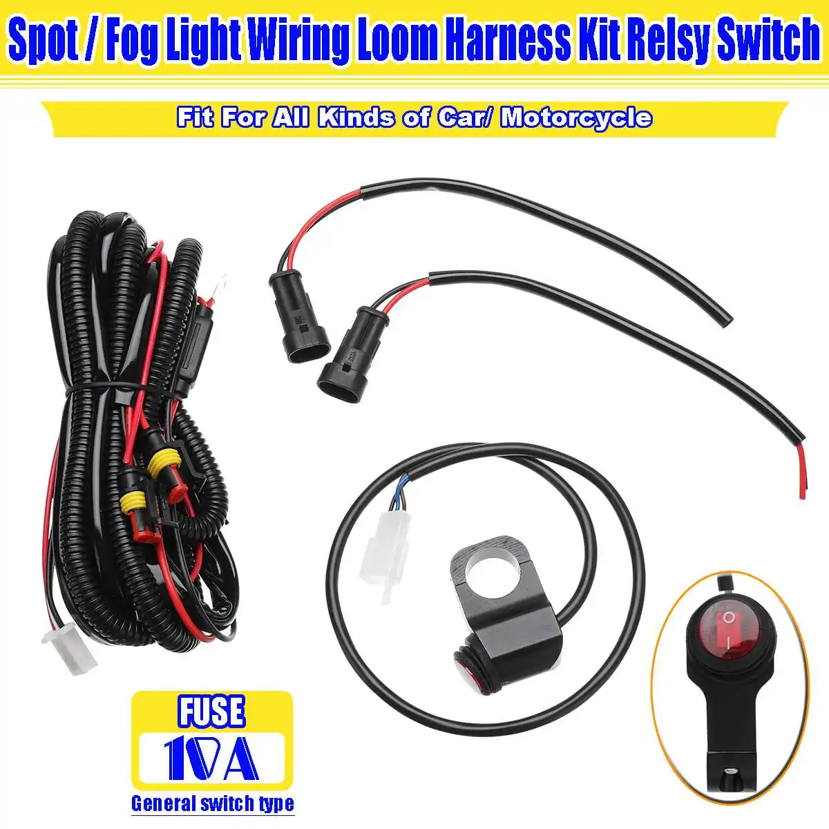 Комплект жгутов точечных проводов и противотумансветильник р Relsy, 10 А, 100 Вт, для универсальных мотоциклов и автомобилей 
Комплект жгутов точечных проводов и противотумансветильник р Relsy, 10 А, 100 Вт, для универсальных мотоциклов и автомобилей