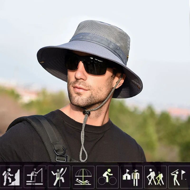 Summer Bucket Hat Cowboy Men Outdoor Fishing Hiking Beach Hats Mesh Breathable Anti UV Sun Cap Large Wide Brim 2021 New Fashion