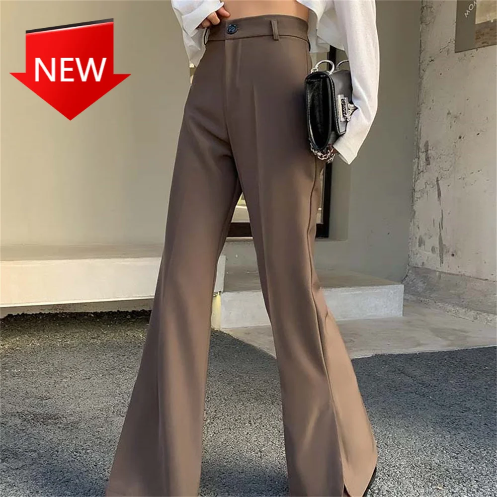 

Универсальные офисные женские винтажные Модные свободные облегающие широкие брюки-клеш однотонные осенние брюки 2021 с высокой талией