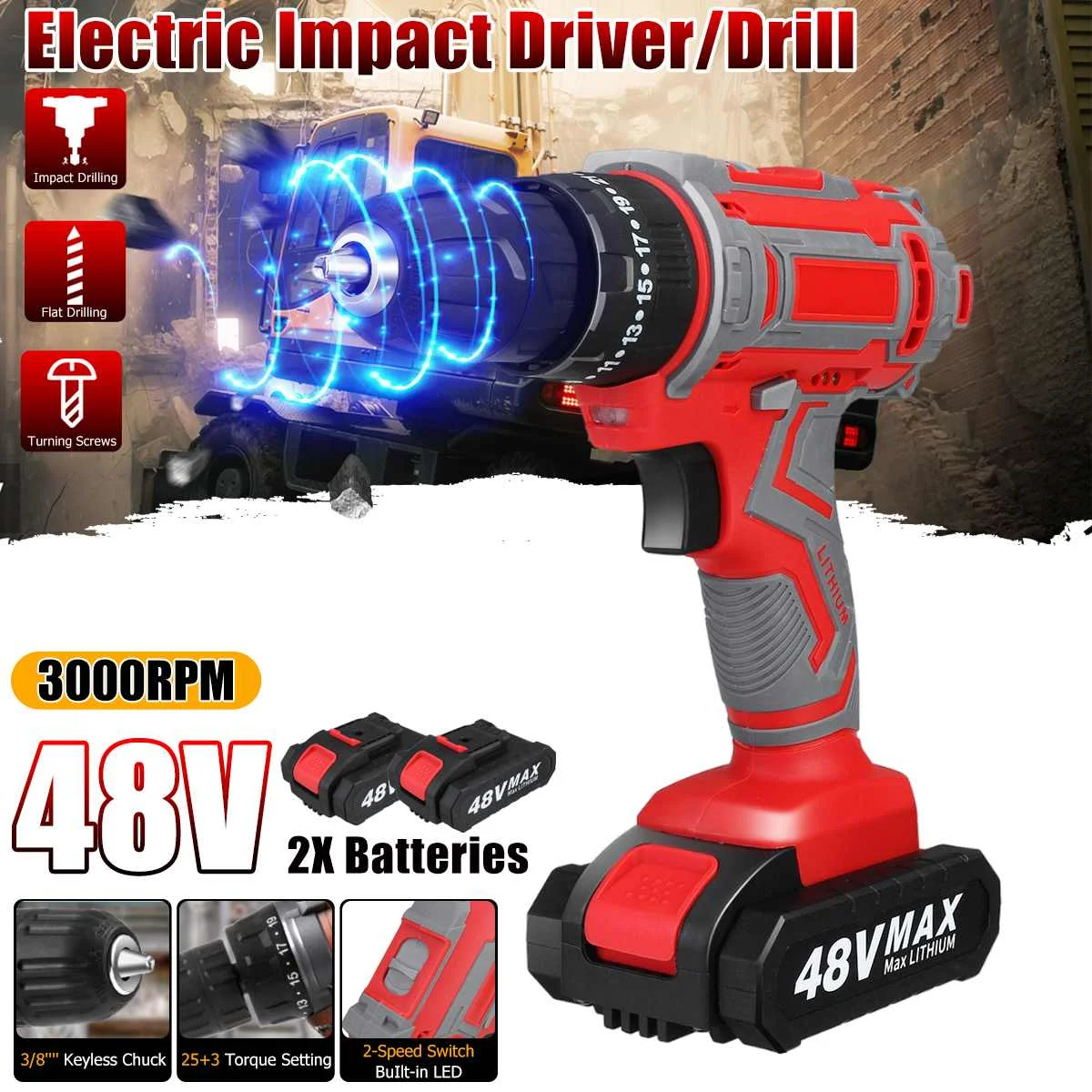 48V Cordless Drill Electric Screwdriver Drill 25+3 Torque Electric Hammer Impact Drill Power Tool With 2Pcs Lithium-Ion Battery
48V Cordless Drill Electric Screwdriver Drill 25+3 Torque Electric Hammer Impact Drill Power Tool With 2Pcs Lithium-Ion Battery