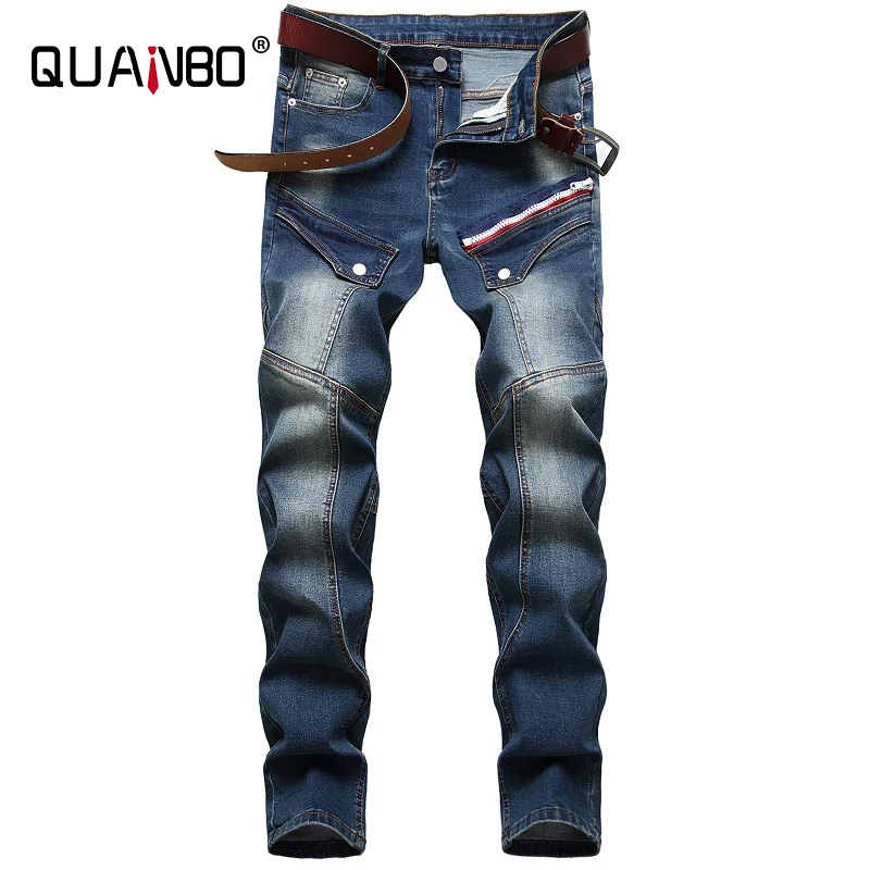

QUANBO Men's Ripped Slim Straight Fit Moto Biker Jeans with Zipper Deco Fashion Streetwear Denim Pants Brand Clothing Plus Size