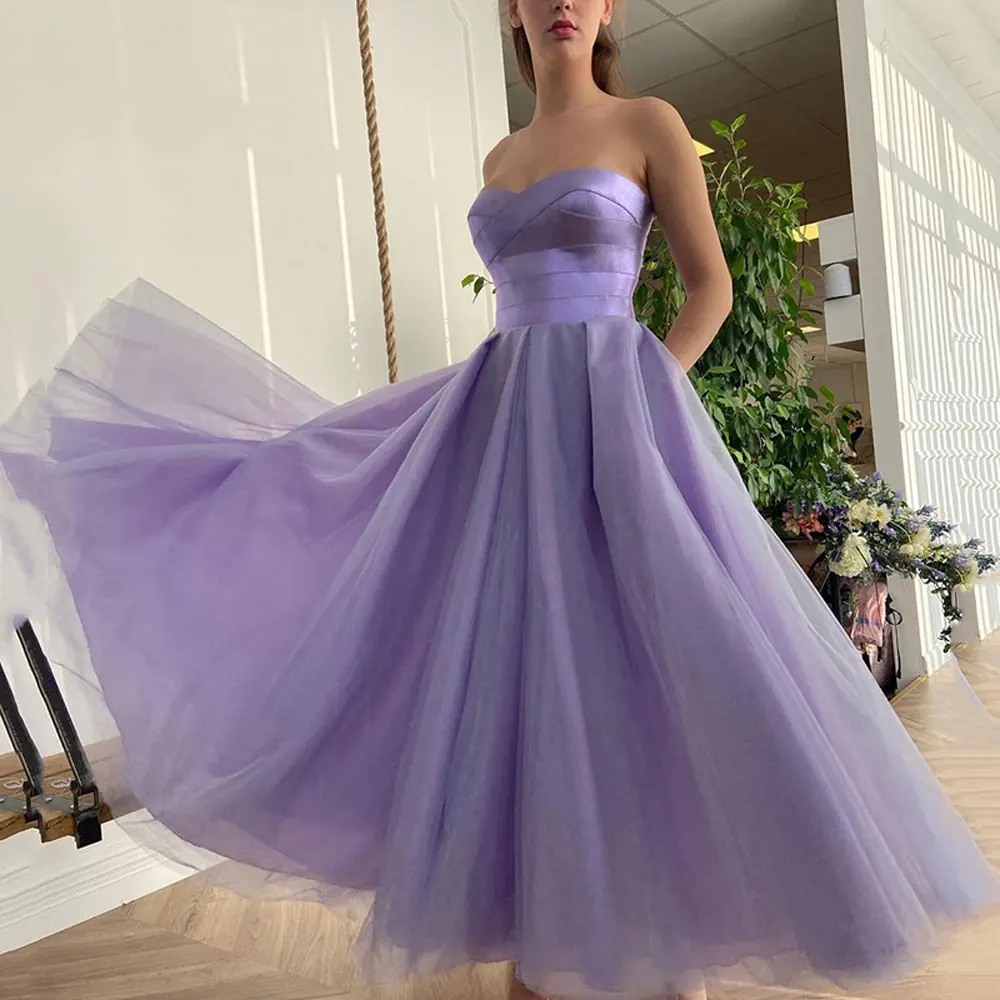 Purple Sweetheart Strapless Pockets Evening Dresses A-line Satin Tulle Sleeveless Ankle Length Prom Gowns Custom Robe De Soiree
Purple Sweetheart Strapless Pockets Evening Dresses A-line Satin Tulle Sleeveless Ankle Length Prom Gowns Custom Robe De Soiree