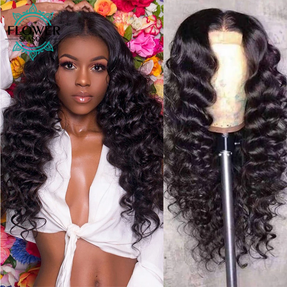 

Deep Curly Human Hair Wigs Remy Brazilian Glueless 13x6 Lace Front Wig Transparent lace Preplucked 180Density Flowerseason