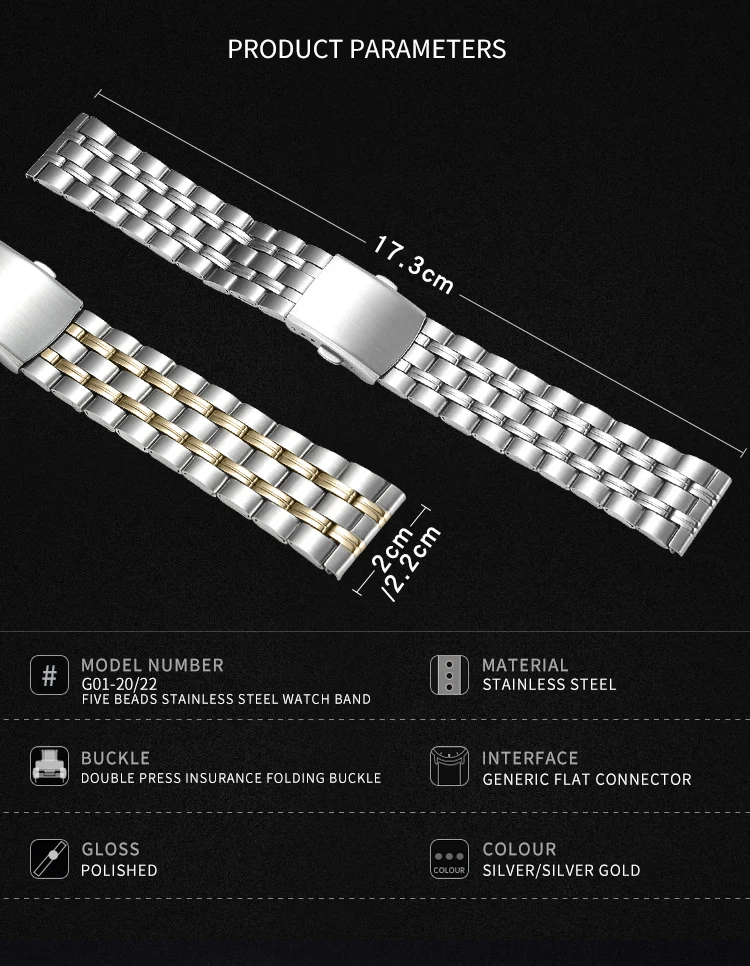 20mm Stainless Steel Watch Strap for Watch Silver Watchband Five Beads/Three Beads Wristband
20mm Stainless Steel Watch Strap for Watch Silver Watchband Five Beads/Three Beads Wristband
