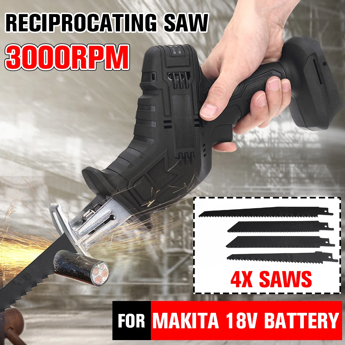 18V Cordless Reciprocating Saw Portable Electric Saw with 4 Blades Kit Metal Wood Cutting Machine for Makita 18V Battery 
18V Cordless Reciprocating Saw Portable Electric Saw with 4 Blades Kit Metal Wood Cutting Machine for Makita 18V Battery
