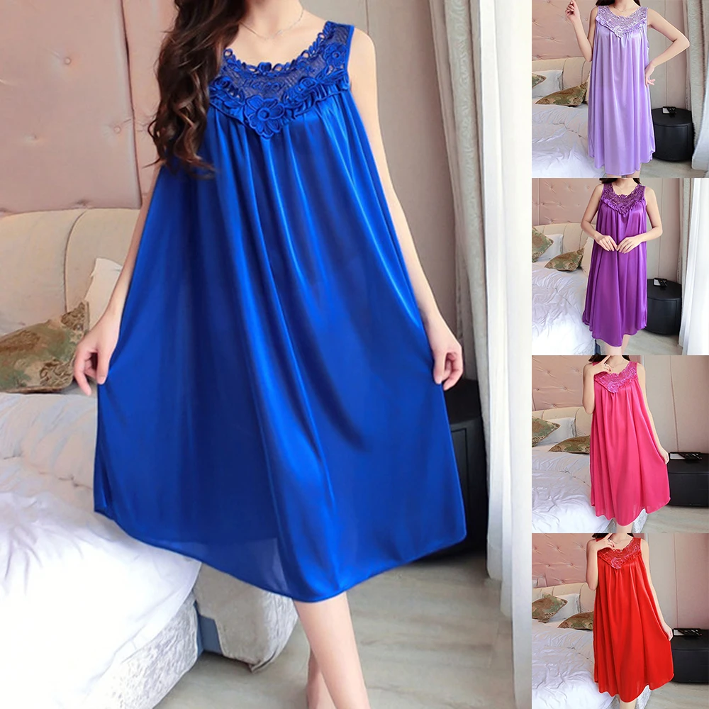 Summer Sexy Nightgowns Women Nightwear Satin Ice Silk Sleepwear Plus Size Loose Solid-Color VNeack Sleeveless Lingerie 
Summer Sexy Nightgowns Women Nightwear Satin Ice Silk Sleepwear Plus Size Loose Solid-Color VNeack Sleeveless Lingerie