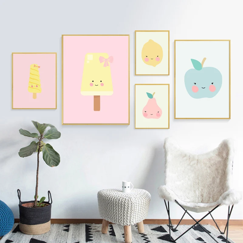 Kawaii Room Decor Painting On Canvas Cartoon Fruit Apple Pear Mango Ice Cream Poster Wall Art Pictures for Nursery Baby Room
Kawaii Room Decor Painting On Canvas Cartoon Fruit Apple Pear Mango Ice Cream Poster Wall Art Pictures for Nursery Baby Room