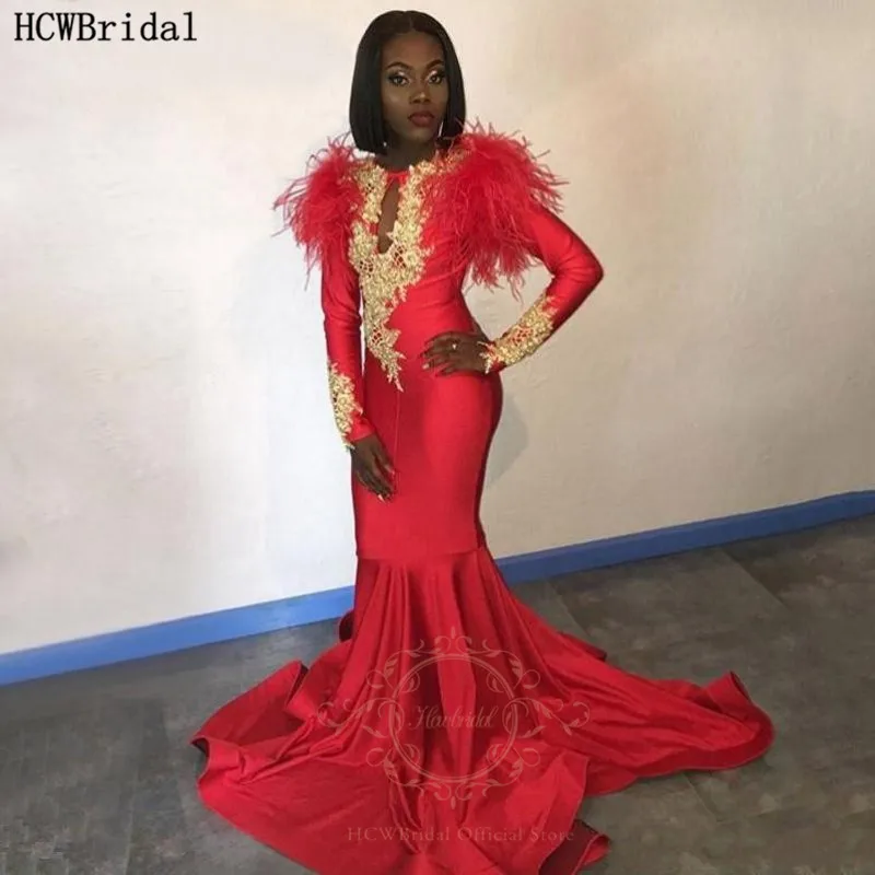 Red Mermaid African Black Girl Evening Dress Long Sleeves Gold Lace Feathers Special Prom Gowns Formal Wedding Party Dresses
Red Mermaid African Black Girl Evening Dress Long Sleeves Gold Lace Feathers Special Prom Gowns Formal Wedding Party Dresses