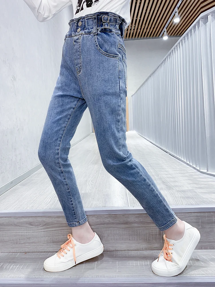 Джинсы для девочек эластичные облегающие брюки-карандаш с высокой талией
