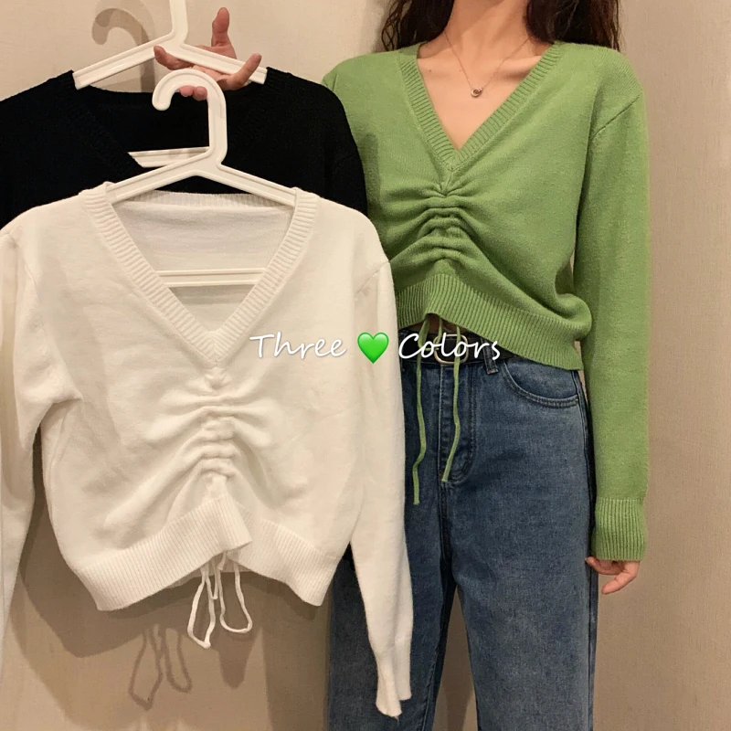 Solid Color V Neck High Street Sweaters Women Korean Chic Long Sleeve Drawstring Short Pullovers Female Casual Slim Knit Tops
Solid Color V Neck High Street Sweaters Women Korean Chic Long Sleeve Drawstring Short Pullovers Female Casual Slim Knit Tops