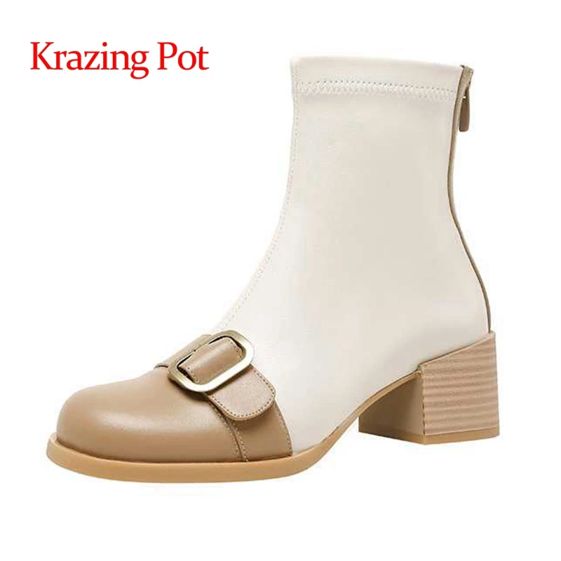 Krazing pot big size genuine leather round toe high heels mixed colors buckle decoration young lady streetwear ankle boots L67
Krazing pot big size genuine leather round toe high heels mixed colors buckle decoration young lady streetwear ankle boots L67